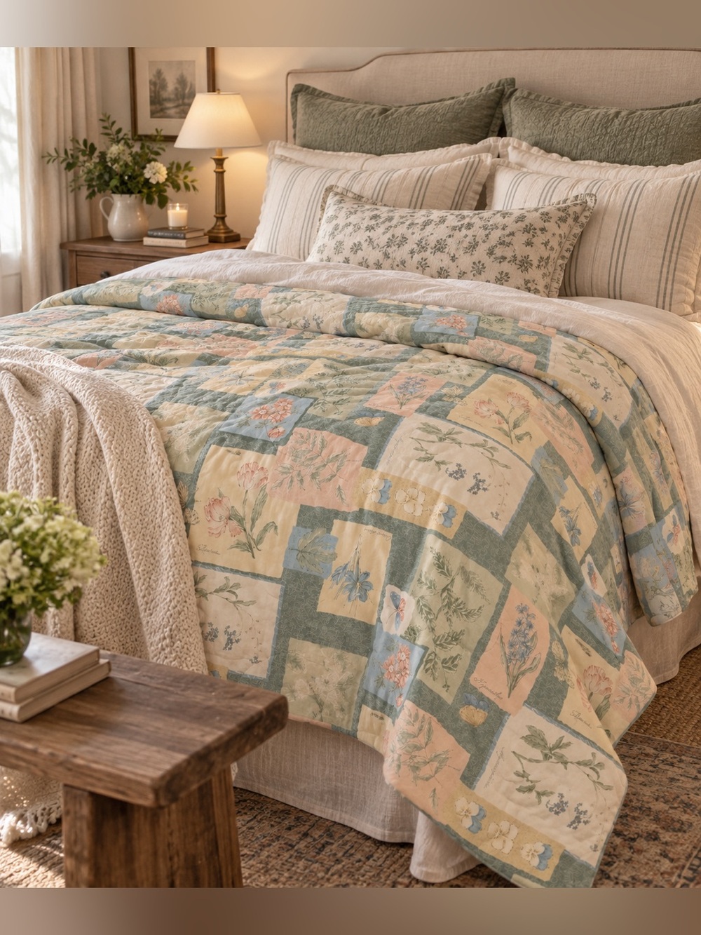 Vintage Botanical Floral Twin Duvet 85” x 65” Sage Green Cottagecore
